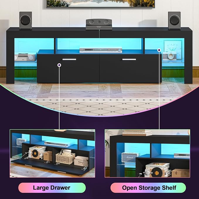 Clikuutory Modern Lighting 63 inch TV Stand with Large Storage Drawer for 50 55 60 65 70 75 Inch TVs, TV Console with 20 Color LED Lights, Entertainment Center Media and Open Shelf for Bedroom, Black - Image 4