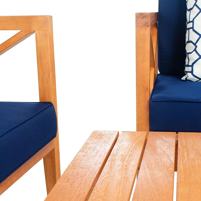 SAFAVIEH Outdoor Collection Montez Natural/Navy Blue Cushion 4-Piece Conversation Patio Set with Accent Pillows