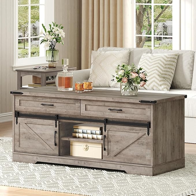 47" Farmhouse Coffee Table with Storage and 2 Drawers, Large Rustic Center Table with Sliding Barn Doors & Open Compartments, Wooden Coffee Table for Living Room, Greige