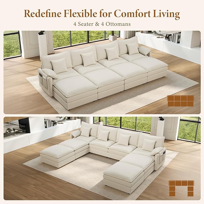 Vesgantti 142" Oversized Sectional Sofa Bed, 8-Seater Modular Sleeper Cloud Couch with Movable Ottoman, Chenille Convertible Sofa Set Deep Seat Couches for Living Room, Bedroom and Apartment, White