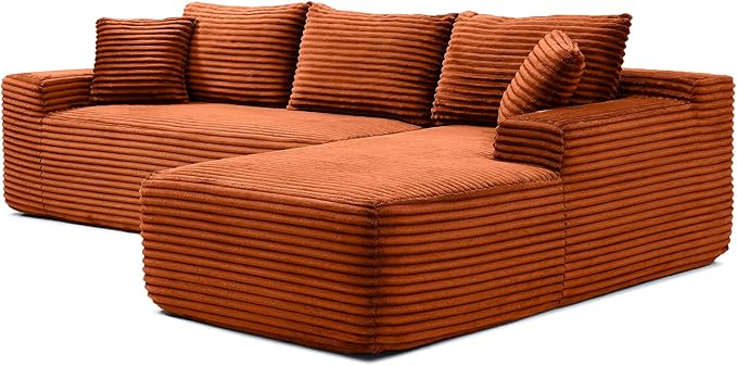 105-Inch L-Shaped Right Facing Corner Compressed Sofa Modular Sectional Boneless Cloud Sofa Floor Foam Couch with Chaise Lounge, Corduroy Corner Boneless Cloud Couch