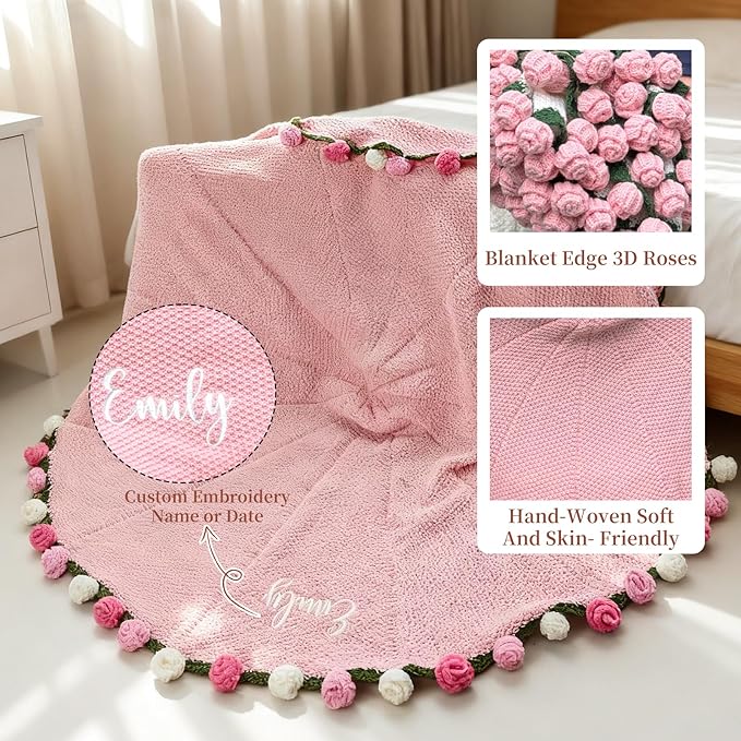 Personalized Handmade Crochet Rose Flower Blanket Bouquet – Custom Name Gift for Mother's Day, Valentine’s Day, Mom or Girlfriend（Pinkish White）