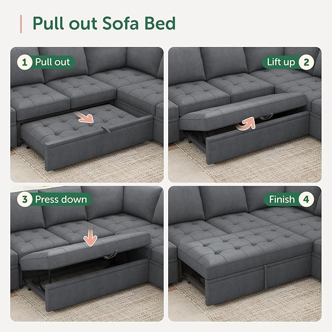 HONBAY Modular Sectional Sofa with Pull Out Bed Convertible L Shaped Couch with Storage Seat Sleeper Sectional Couches for Living Room,Warm Bluish Grey
