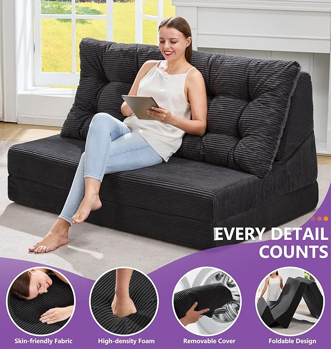 Hobestluk Sofa Couch Folding Sofa Bed Sleeper Comfy Floor Lounger Loveseat Sofa with Removable Cushion Couches Foldable Mattress for Living Room Bedroom or Office (Cordury Black, Oversize)
