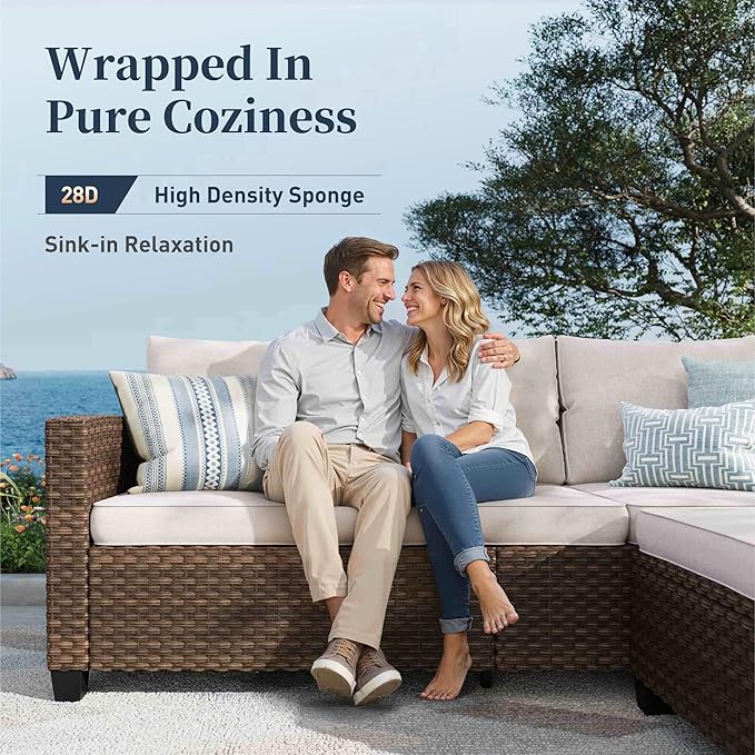 Patio Furniture Set Outdoor Furniture Brown Wicker Rattan Patio Conversation Sets with Cushion Outside Sofa Set,7 Pieces with Rectangular Firepit Table,9 Seats,Beige