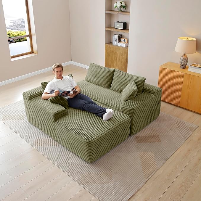 105-Inch L-Shaped Left Facing Corner Compressed Sofa Modular Sectional Boneless Cloud Sofa Floor Foam Couch with Chaise Lounge, Corduroy Corner Boneless Cloud Couch