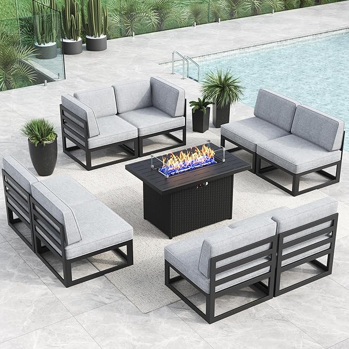 LayinSun Large Aluminum Patio Furniture Set with Fire Pit Table, 9 Pieces Modern Outdoor Conversation Set Sectional Metal Sofa Set with Olefin Cushion