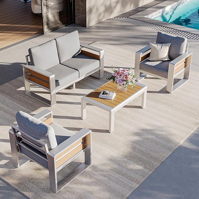 Aoxun Aluminum Outdoor Patio Furniture Set, 2 Seats Metal Sectional Patio Furniture, Modern Outside Sectional Set for Backyard, Love Seat Sofa ×1, Silver & Light Grey