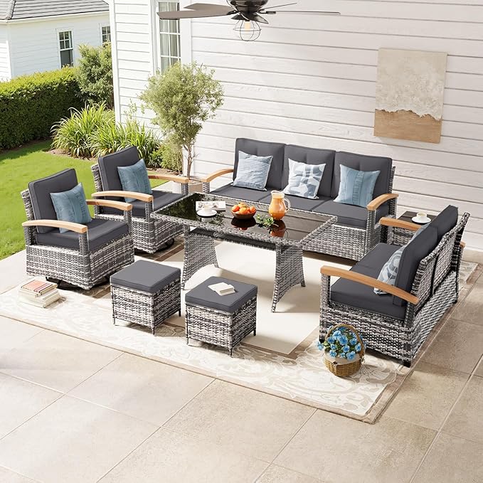 MEISSALIVVE 8 Pieces Patio Furniture Sets, PE Wicker Outdoor Conversation Sets with 2 Wood Armrests Swivel Rocker Chairs, 2 Ottomans, 2 Sofa and Dining Table (Grey)