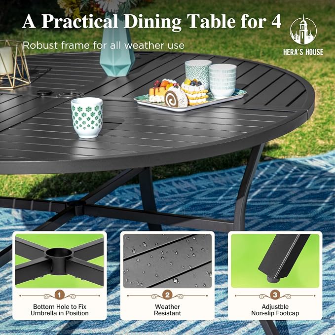 HERA'S HOUSE 5 Pieces Patio Table and Chairs Set, Outdoor Dining Furniture for 4, 42" Black Metal Round Dining Table with Umbrella Hole, 4 x Blue Textilene Chairs for Lawn Garden Backyard Deck - Image 3