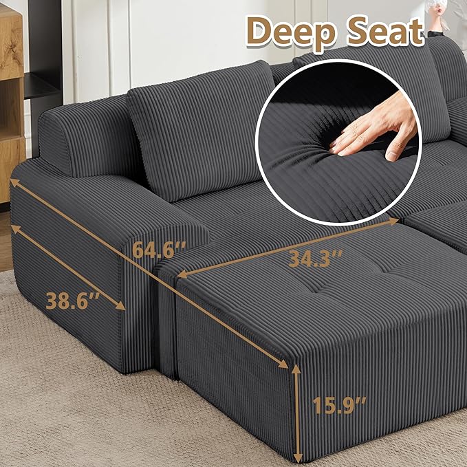KIGOTY Modular Sectional Sofa, 4 PCS Comfy Cloud Sectional Couch with Deep Seat, Sleeper Sofa Bed with Ottoman, Modern Boneless Couch for Living Room, No Assembly Required,Grey