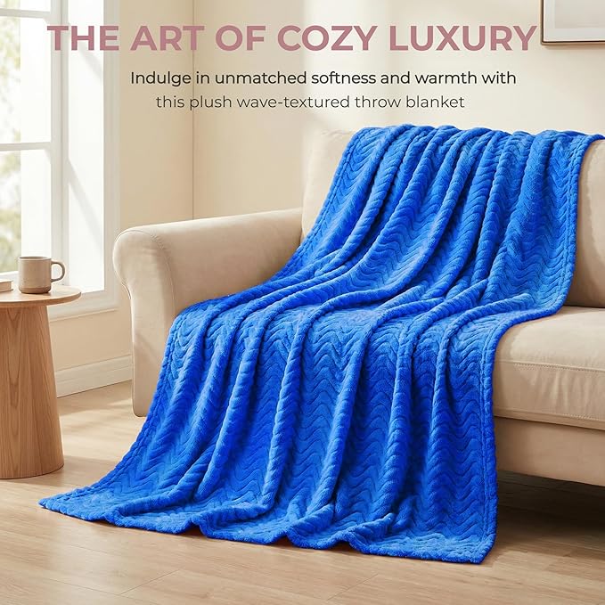Exclusivo Mezcla Fleece Throw Blanket for Couch, Cozy Lightweight Blankets for All Season, Decorative Giftable Fuzzy Plush Wave Textured Throws for Women, Men, Cobalt Blue, 50x70 Inches