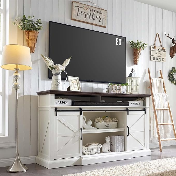 Farmhouse TV Stand for 80 Inch TVs, 37.4"Tall Entertainment Center w/Storage Cabinets and Sliding Barn Door, Media Console Cabinet w/Soundbar & Adjustable Shelves for Living Room, 70 inch (White) by IFGETEnrichYourLivingSpace