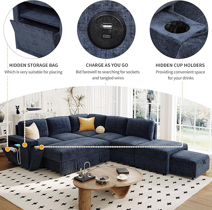 Ball & Cast 91" L-Shaped Modular Padded Cloud Sectional Fabric Sofa Set with Pull Out Bed, Convertible Sectional Couches w/Storage Space and USB Ports & Cup Holders on The Armrests,Blue
