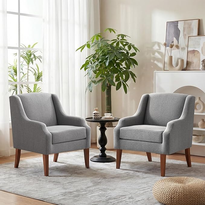 Accent Chair for Living Room Set of 2,No Assembly Upholstered Mid Century Modern Comfy Tufted Armchairs with Wooden Legs,Sofa Chairs for Bedroom, Reading Waiting Room Apartment Grey