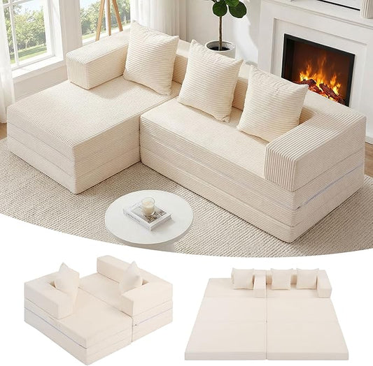Modular Sectional Sofa, Boneless Convertible Oversized Sleeper Sofa Bed, Modern Tri-Folding Cloud Couch with L-Shape Chaise, Corduroy Futon Couches for Living Room Small Spaces Apartment,No Assembly