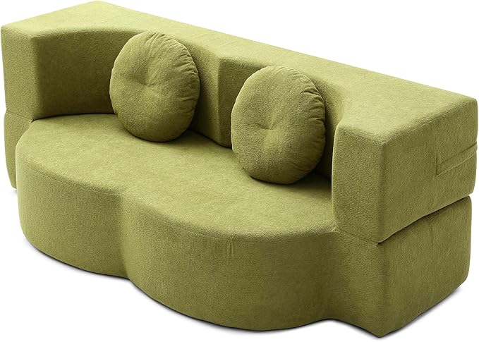 KEIKI 2-in-1 Folding Sofa Bed with Pillow, Queen Sleeper Sofa, Floor & Futon Loveseat Couch, Foam Folding Mattress for Living Room, Guest Use, Office, Apartment, No Assembly Required, Green