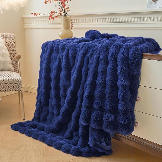 LIFEREVO Fluffy Faux Rabbit Fur Bubble Throw, Plush Shaggy Blanket for Couch Sofa Chair, Soft Cute Royal Furry Blanket Adults Kids Teens Girls, Fuzzy Throw for Bedroom Living Room, 50x60, Navy Blue