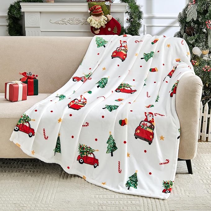 Edenleaf Christmas Blanket - White Holiday Throw with Santa Claus & Snowman - Warm Cozy Fleece Winter Blanket, 50x60 Inches???White