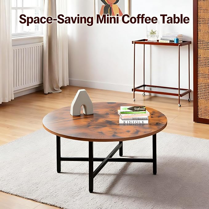 Round Coffee Table, 23.6" Small Coffee Tables for Living Room, Circle Coffee Table with Metal Frame, Floor Table Desk for Sitting on The Floor, Home, Office, Rustic Brown