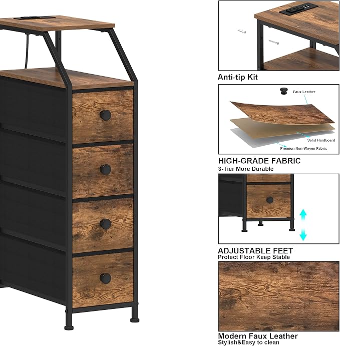 Tohomeor Narrow Dresser Tall Skinny Storage Tower Vertical Slim Chest of Drawers with Charging Station Small Nightstand Side Table for Bedroom, Bathroom, Small Spaces (Rustic Brown, 4 Drawers) - Image 7