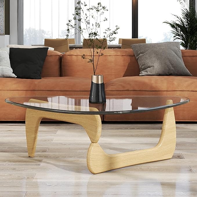 Glass Coffee Table, Mid Century Modern Light Wood Coffee Table with Tempered Glass Top and Wood Legs, Farmhouse Living Room Center Tables for Small Space, Easy Assembly