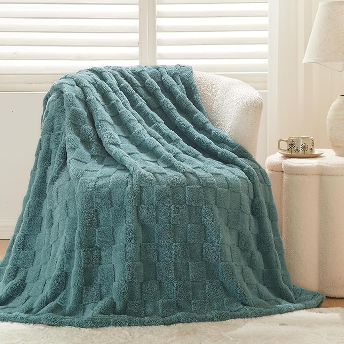 NEWCOSPLAY Super Soft Queen Blanket Light Teal Premium Silky Flannel Fleece 3D Checkered Lightweight Bed Blanket All Season Use (Light Teal Checkered, Queen(90"x90"))