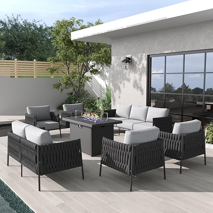 LayinSun 7 Piece Outdoor Furniture Set with Fire Pit Table, Modern Rope Woven Patio Conversation Sofa Set with Olefin Braid and Deep Seating