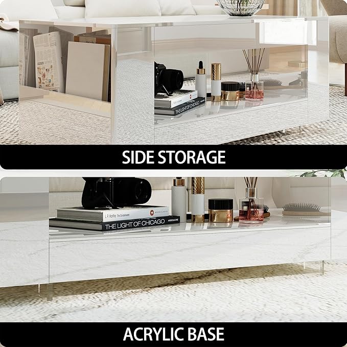 Glossy Coffee Table with Open Shelf Storage - High Gloss Modern Cocktail Table for Living Room, Bedroom, Office