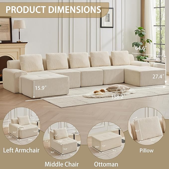 Modular Sectional Sofa with Movable Ottoman, 5 Seat Deep Seat Couch with 5 Pillows, Comfy Cloud Sectional Sofa for Living Room, Bedroom and Apartment (White, 1 Left+1 Right+3 Middle+2 Ottoman)