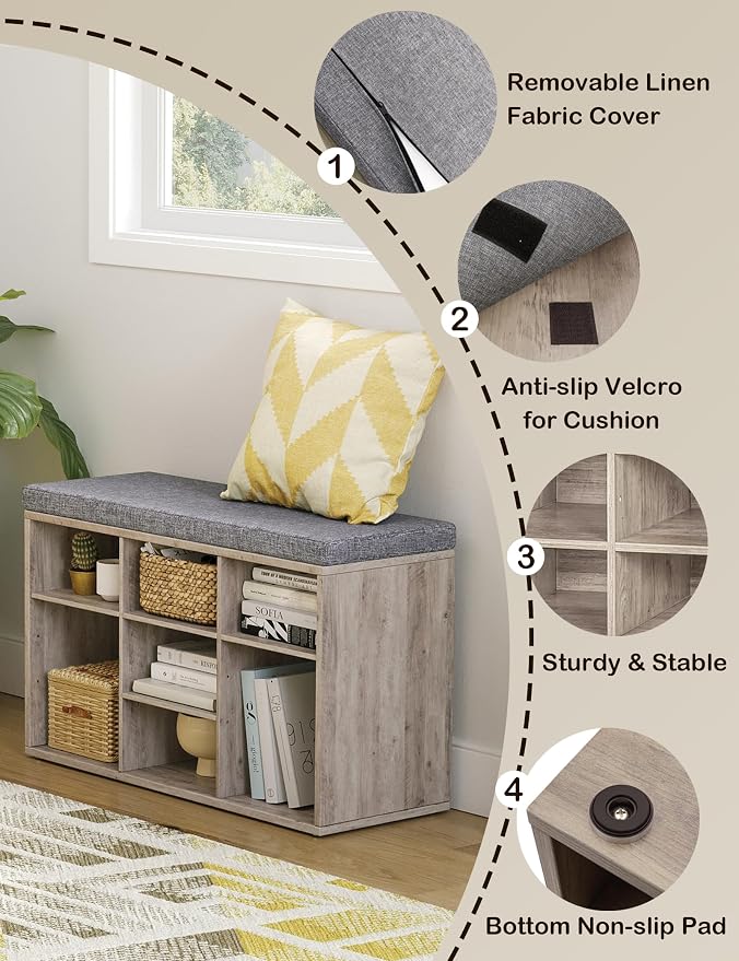 DINZI LVJ Shoe Bench, 9 Cubbies Shoe Organizer for Entryway, Storage Bench with Cushion, Cubby Shoe Rack with Adjustable Shelves for Living Room, Bedroom, Mudroom, Hallway, Greige - Image 9