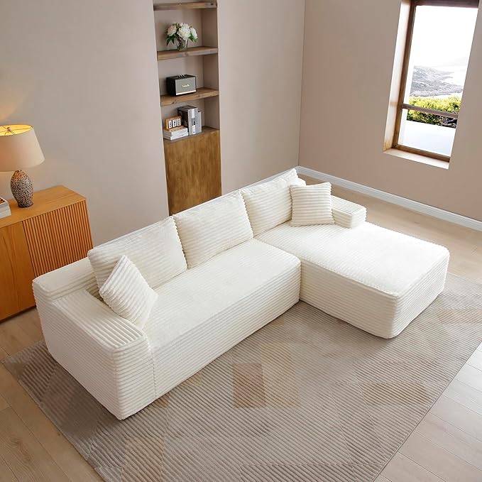 105-Inch L-Shaped Right Facing Corner Compressed Sofa Modular Sectional Boneless Cloud Sofa Floor Foam Couch with Chaise Lounge, Corduroy Corner Boneless Cloud Couch