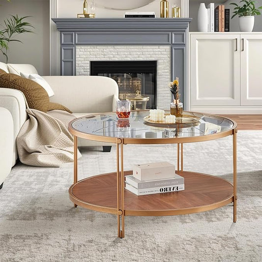 32in Round Wood Coffee Tables with Glass Top ＆ Metal Leg, 2 Tier Circle Coffee Table for Living Room,Wooden Coffee Tables,Easy Assembly (Only Coffee Table, 32" Dx32 Wx18 H, Gold)