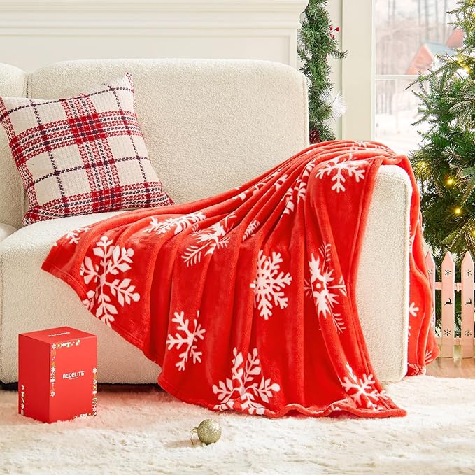 BEDELITE Christmas Throw Blanket?€? Cozy Holiday Blanket with Red Snowflake Design, Soft Lightweight Fleece Christmas Blanket for Couch & Bed, Festive Home D??cor & Gift, 50"x60"