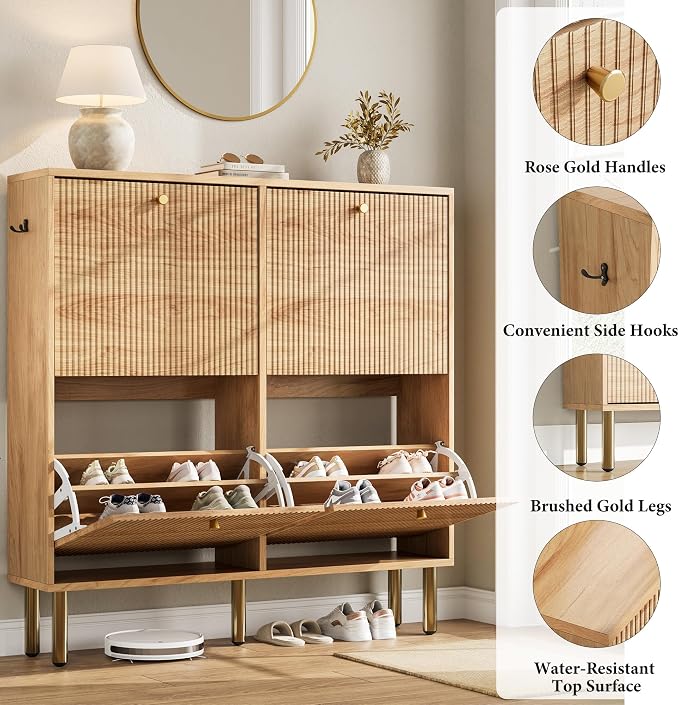 Nicetree Shoe Storage Cabinet for Entryway - Ultra Slim Shoe Cabinet with Tiered Fluted Design - Modern Shoe Organizer with Gold Legs, Hidden Shoe Rack for Small Spaces, Fits Men's Size 13.5 - Image 6