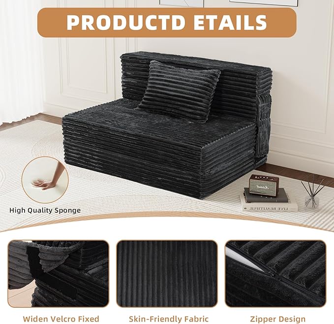 Convertible Foldable Sofa Bed Queen - 4 in 1 Sleeper Chair with Pillow, Fold Out Couch, High-Density Foam Floor Mattress, Space-Saving Futon for Living Dorm Guest Room and Office, Grey