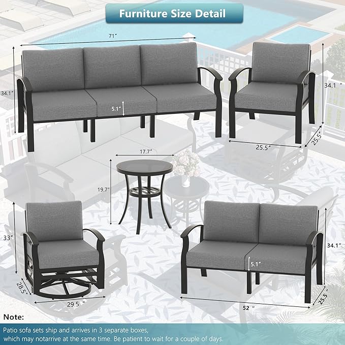 Aluminum Outdoor Patio Furniture Set,5 Pieces 5 Seats Metal Patio Sectional Furniture Set,Patio Conversation Sets with 45" Propane Fire Pit Table,Swivel Rocking Chairs Set,Grey