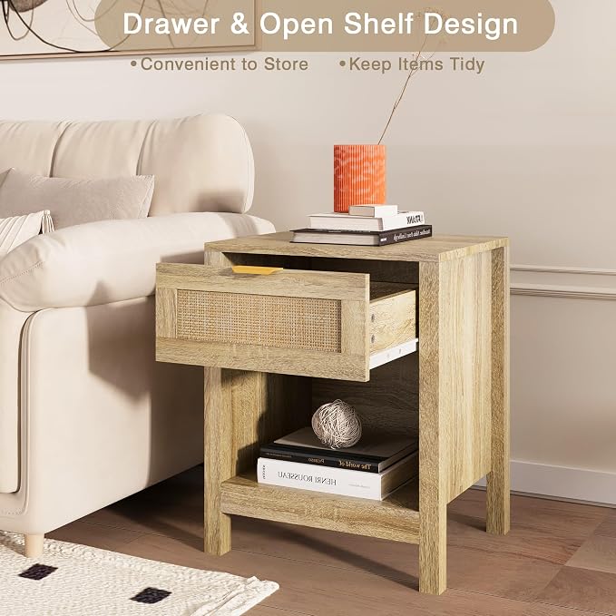 KIGOTY Farmhouse Nightstands, Night Stand, Rattan Nightstand Bedside Table with Drawer, Boho End Side Tables with Open Shelf for Bed Room, Natural Oak - Image 6