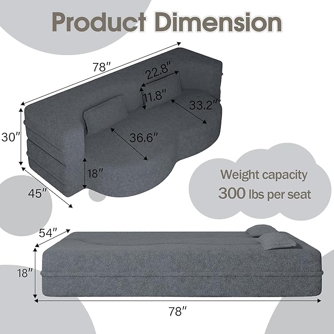 78" Convertible Sofa Bed, 2-in-1 Folding Floor Couch with 2 Pillows, Sleeper Sofa for Living Room and Bedroom, No Assembly Required (Grey, Teddy Fabric)