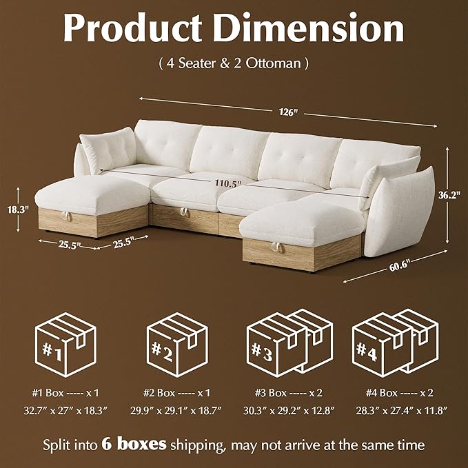 134" U Shaped Cloud Couch Sectional Modular Sofa with Storage, Cotton and Linen Fabrics Modern Oversized Deep Seat Sofa with Armrest Pillow, Easy Assembly for Living Room, Apartment, Ivory