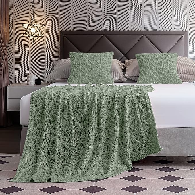 Homiest Cable Knit Throw Blanket and Pillow Set, Sage Green Set of 3, Knitted Throw (50"x60") & 2 Pillow Covers (18"x18"), Soft & Cozy Decorative for Couch Bed Sofa