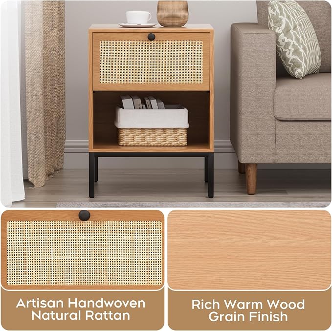 Yechen Set of 2 Rattan Nightstands with Drawer & Open Shelf, Boho Bedside Table with Natural Cane, Wood End Table with Metal Legs for Bedroom, Small Spaces, Brown - Image 5
