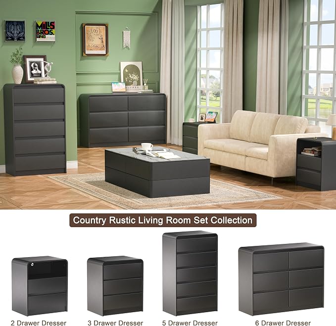 Modern Night Stand with Charging Station, 25" Tall Wood Nightstand Bedside Table with 3 Drawers & USB Ports, Mid-Century End Table for Bedroom (1, Black Smooth, 2 Drawers) - Image 8
