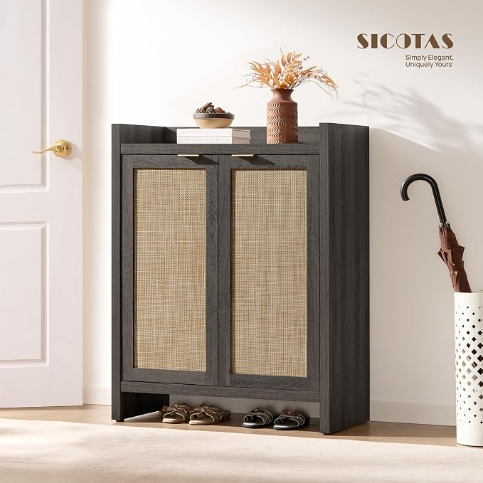 SICOTAS Shoe Cabinet Set of 2, Large Capacity Shoe Storage Organizer Cabinet, Tall Rattan Shoe Cabinet with Doors and Shelves, 6-Tier Farmhouse Boho Wooden Storage Cabinet for Entryway, Black Oak - Image 3