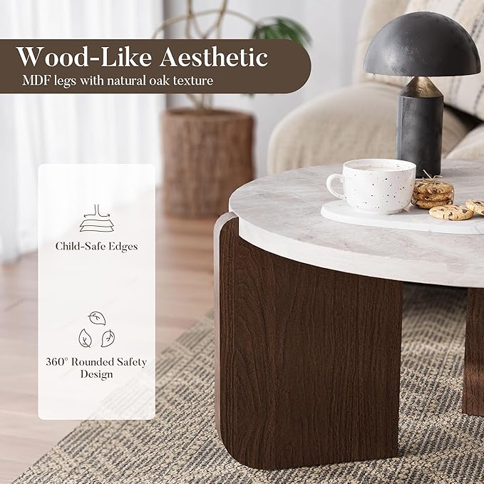 COSIEST Modern Round Coffee Table & Side Table Set, Faux Marble Wood Top, Walnut & Cream White Legs, Minimalist Living Room Center & Accent Table(2 PCS)