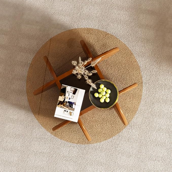 31.5'' Round Glass Coffee Table, Simple & Modern Center Table with Tempered Glass-Top for Small Space, Modern Round Coffee Table for Living Room, Home, Office, Easy Assembly. (Brown + Brown)