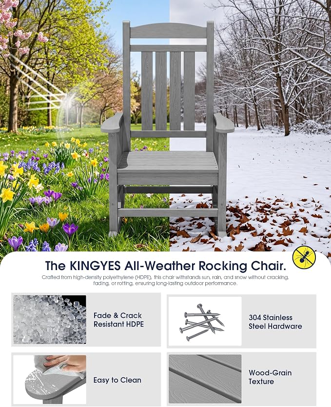 KINGYES Oversized HDPE Outdoor Rocking Chair Set of 2, All-Weather Patio Rocking Chair, Weather Resistant Porch Rocker for Adults, Light Gray - Image 4