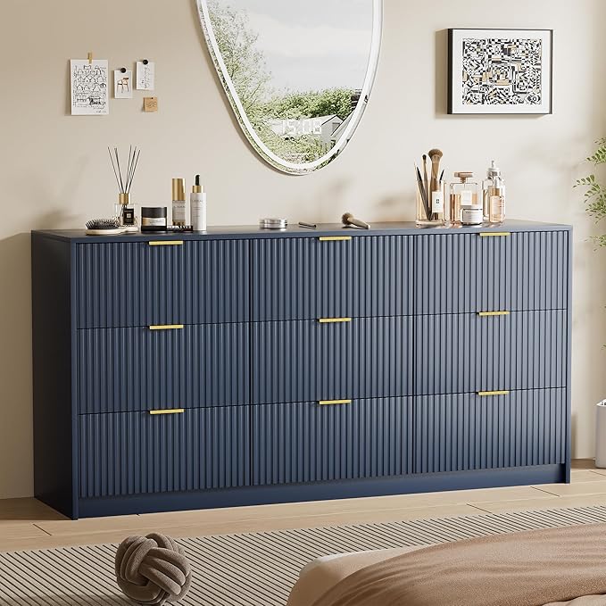 Furniway Blue Dresser Bedroom Set 3 Pieces, Nightstands Sets of 2, 9 Drawer Dresser with Gold Handles for Bedroom