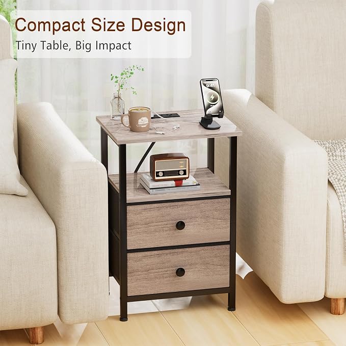LOAKEKEL Night Stand with Charging Station, Small Bedside Table with 2 Fabric Drawers, Nightstand with USB Ports & Outlets for Bedroom, Grey, HETS020GY-1 - Image 6