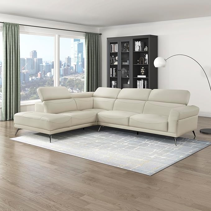 Lexicon L-Shaped Sectional Couch with Left Chaise, Top Grain Leather Match Sectional Sofa, Adjustable Headrests, Black Chrome Metal Legs, High-Density Cushions, Stitching, for Living Room, Beige